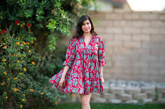 Scarlet Petal Bliss: Flared Scarlet Floral Summer Dress - 006