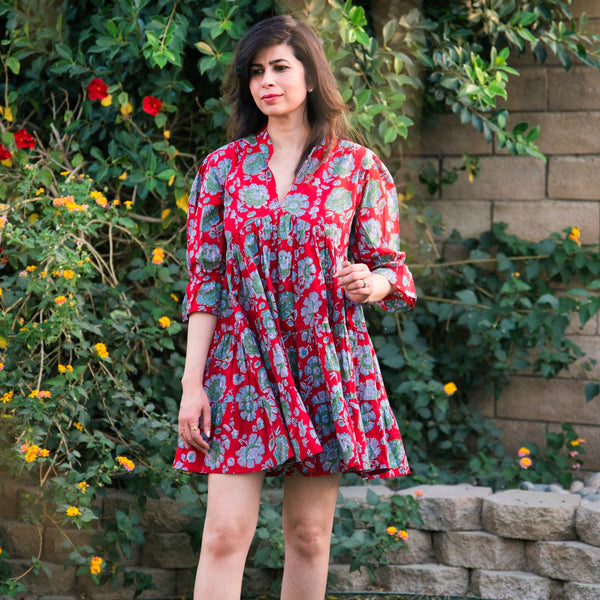 Scarlet Petal Bliss: Flared Scarlet Floral Summer Dress - 006