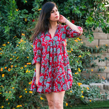 Scarlet Petal Bliss: Flared Scarlet Floral Summer Dress - 006