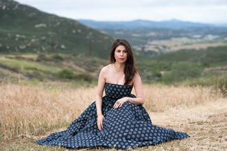 Midnight Tide: An off shoulder maxi dress