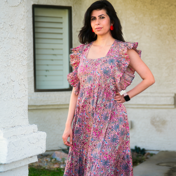 Blush Blossom Radiance: Pink Flower Print Maxi Dress - 004